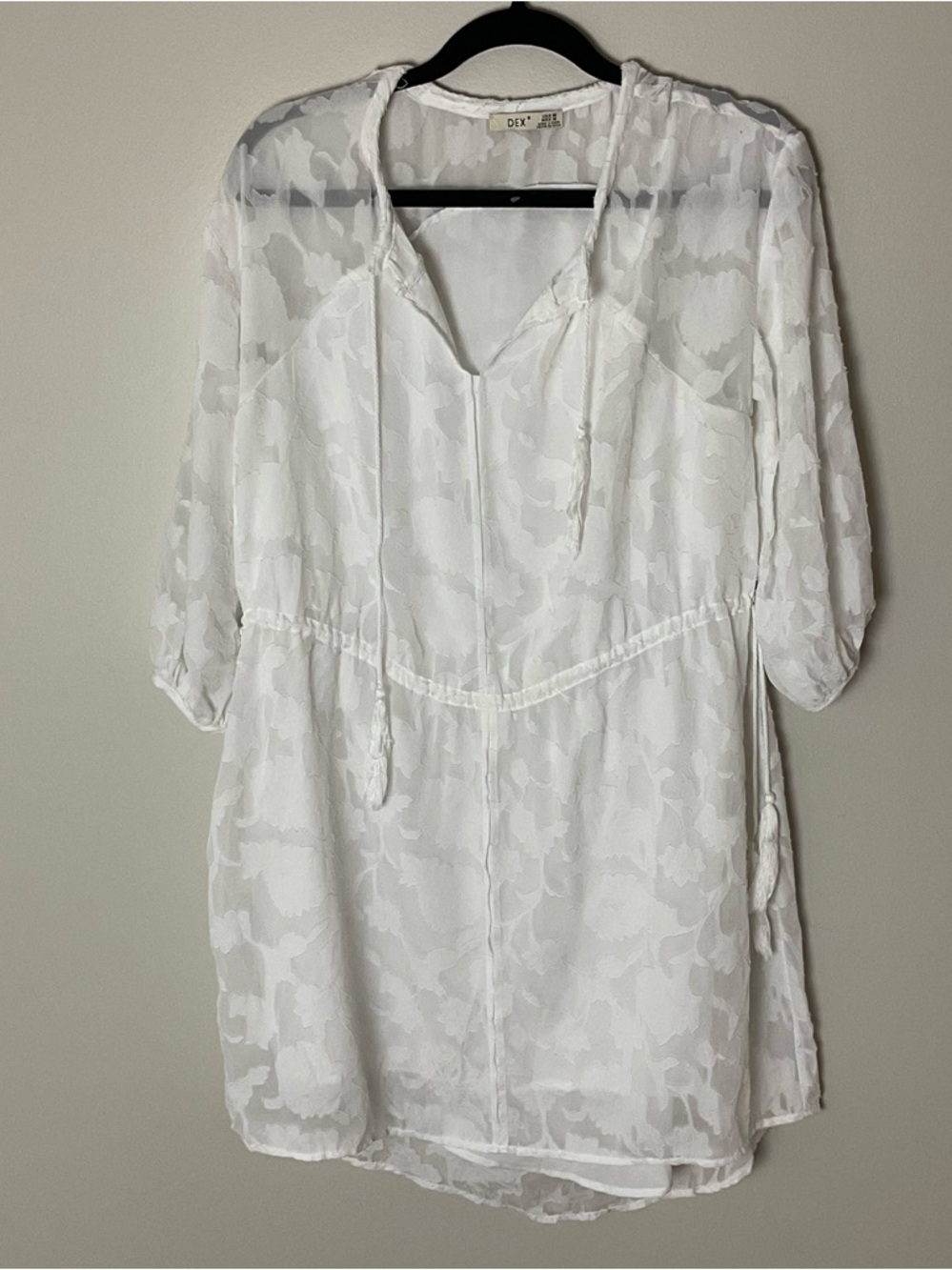 Dex White Sheer Burnout Floral Tie-Front Tunic Mini Dress Romantic Fairy Boho